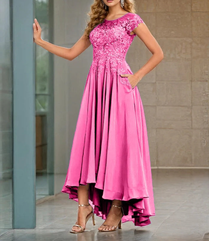 A-line Cap Sleeves Lace Appliques High Low Chiffon Mother Of The Bride Dress