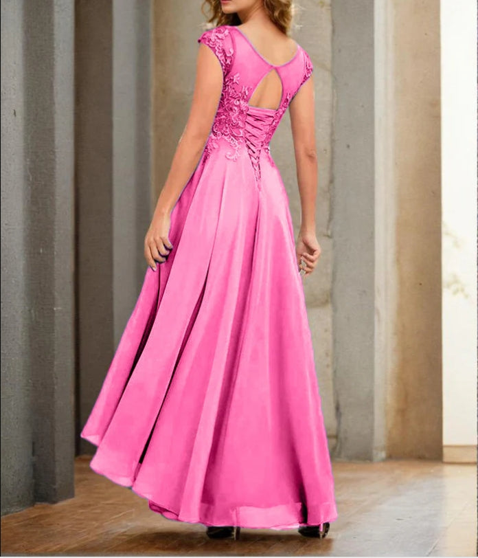 A-line Cap Sleeves Lace Appliques High Low Chiffon Mother Of The Bride Dress