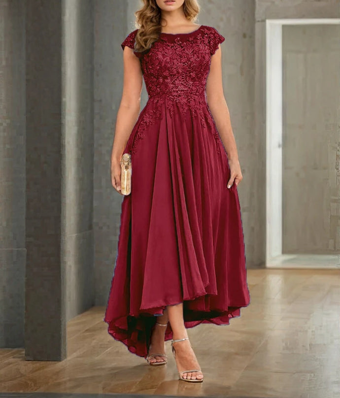 A-line Cap Sleeves Lace Appliques High Low Chiffon Mother Of The Bride Dress