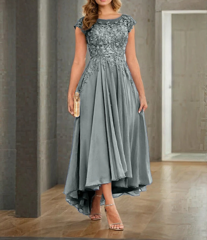 A-line Cap Sleeves Lace Appliques High Low Chiffon Mother Of The Bride Dress