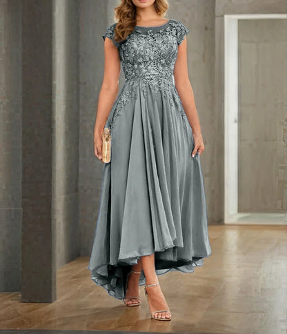 A-line Cap Sleeves Lace Appliques High Low Chiffon Mother Of The Bride Dress