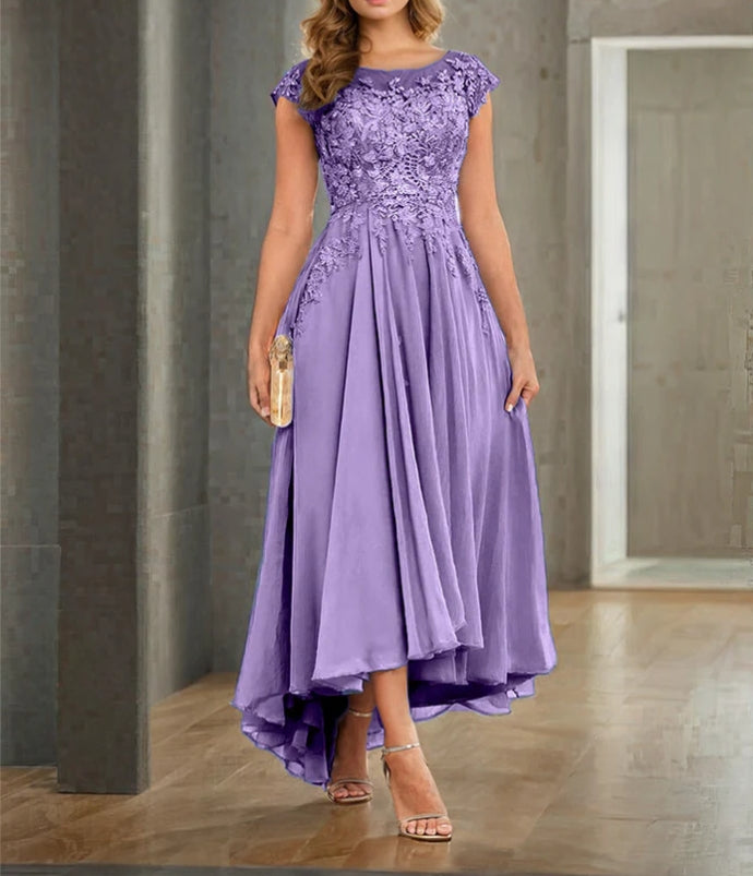 A-line Cap Sleeves Lace Appliques High Low Chiffon Mother Of The Bride Dress