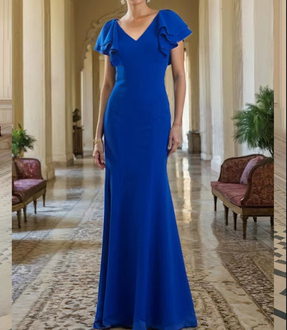 Trumpet/Mermaid V-Neck Ruffle Sleeves Formal Chiffon Mother of the Bride Dress