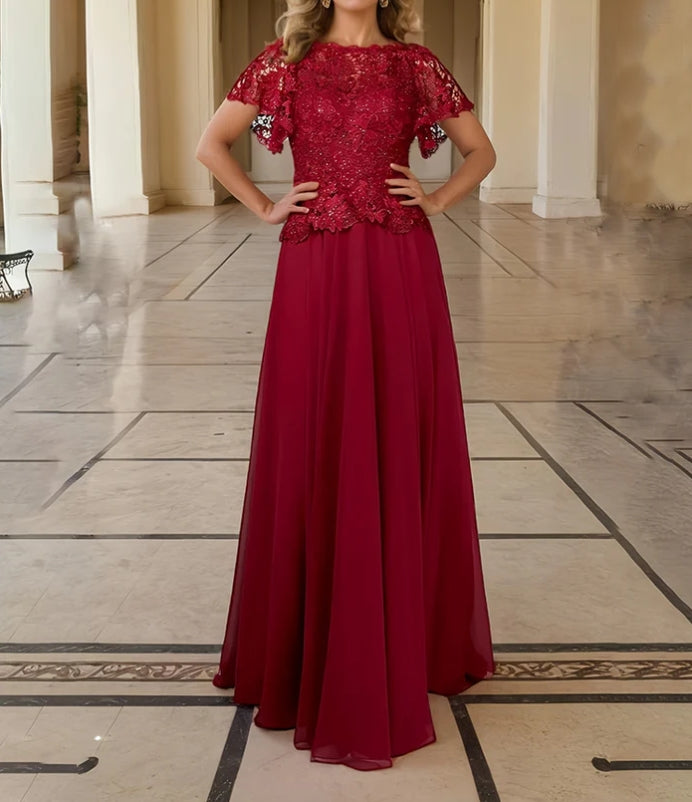 Burgundy Lace Sleeves Chiffon Mother of the Bride Dress