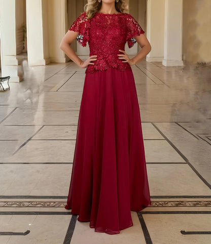 Burgundy Lace Sleeves Chiffon Mother of the Bride Dress
