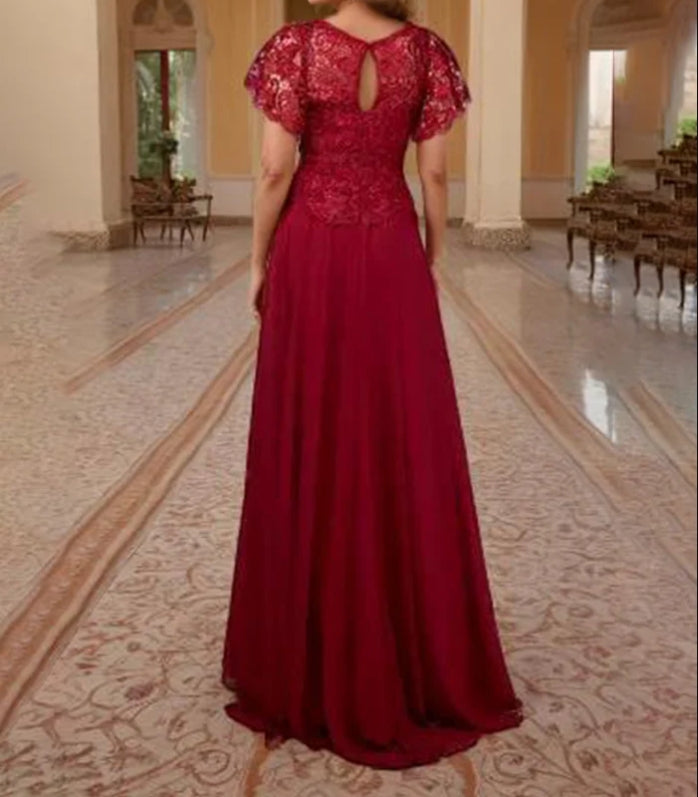 Burgundy Lace Sleeves Chiffon Mother of the Bride Dress
