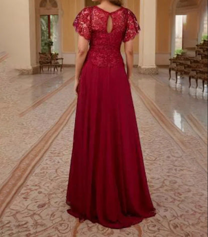 Burgundy Lace Sleeves Chiffon Mother of the Bride Dress