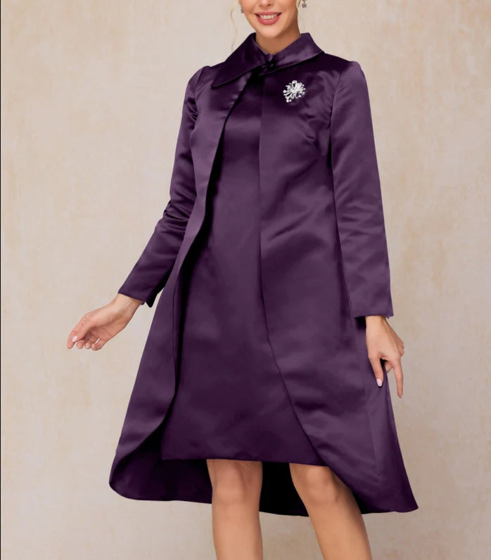 Grape Two Pieces Knee Length Satin Mother Of The Bride Dress