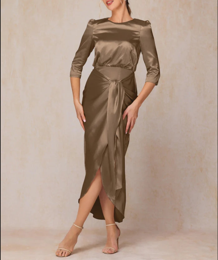 Sheath Half Sleeves Ankle Length Soft Satin Mother Of The Bride Dress
