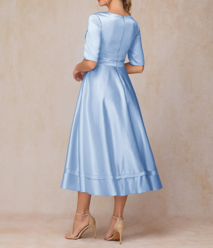 V Neck Short Sleeves Formal Tea Length Satin Mother Of The Bride Dress