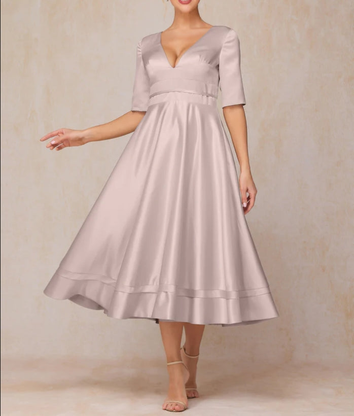 V Neck Short Sleeves Formal Tea Length Satin Mother Of The Bride Dress