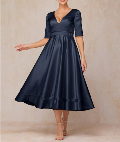 V Neck Short Sleeves Formal Tea Length Satin Mother Of The Bride Dress