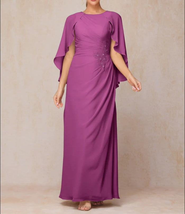 A Line Floor Length Chiffon Mother Of The Bride Dress With Cape