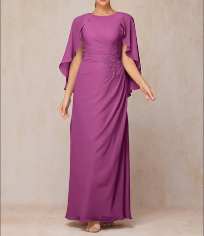A Line Floor Length Chiffon Mother Of The Bride Dress With Cape