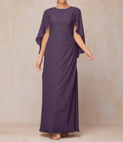 A Line Floor Length Chiffon Mother Of The Bride Dress With Cape