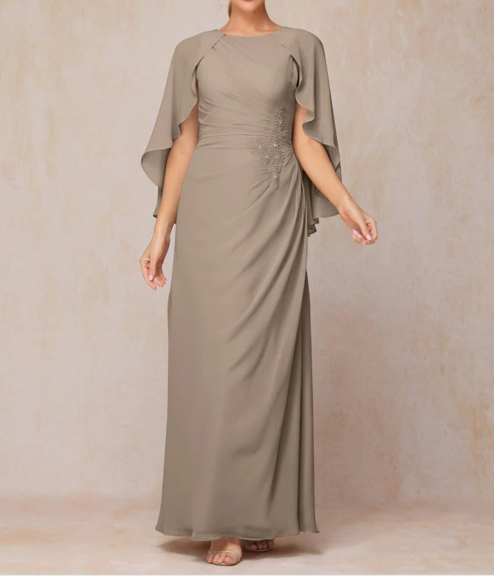 A Line Floor Length Chiffon Mother Of The Bride Dress With Cape