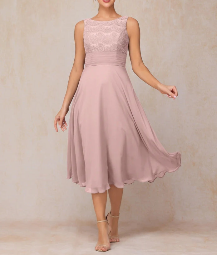 A Line Tea Length Chiffon Lace Mother Of The Bride Dress
