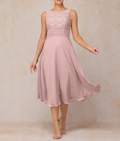 A Line Tea Length Chiffon Lace Mother Of The Bride Dress