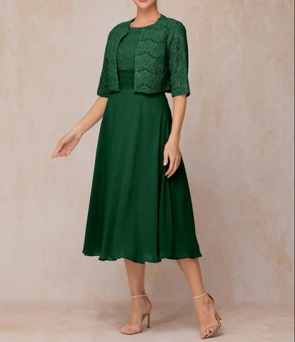A Line Tea Length Chiffon Lace Mother Of The Bride Dress