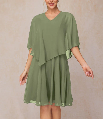 V Neck Knee Length Chiffon Mother Of The Bride Dress
