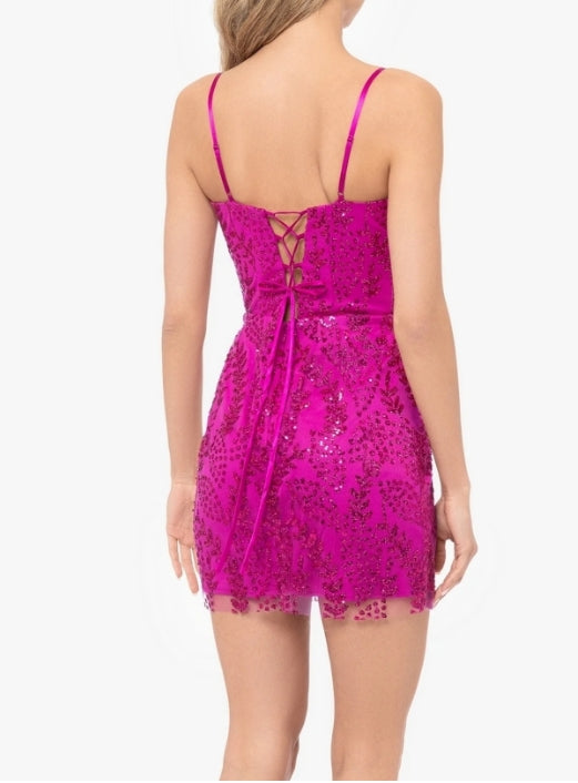 Spaghetti Strap Sheer-Bodice Glitter Homecoming Dress