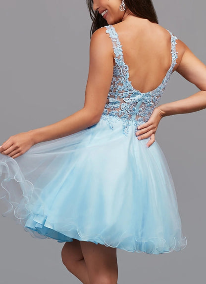 A-Line Short Prom Dress Lace Homecoming Dress With Sheer Bodice