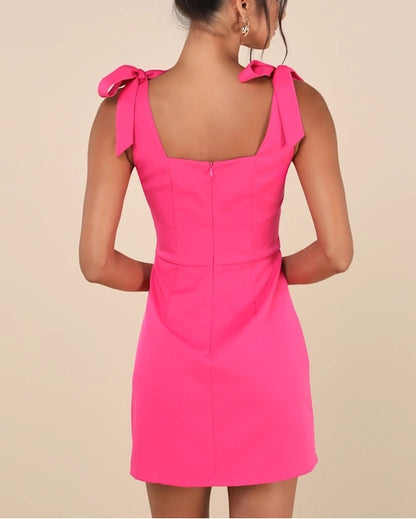 Fuchsia Tie-Strap Square Neckline Mini Dress Bodycon Cocktail Dresses