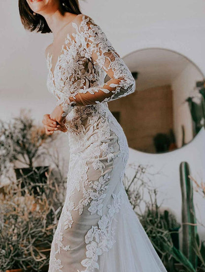 Mermaid Wedding Dress Illusion Neckline Long Sleeves Backless Lace With Train