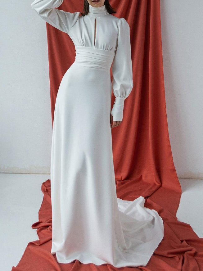 White Simple Mermaid Wedding Dress Silk Like Satin High Collar Long Sleeves Cut Out A-Line Bridal Gowns