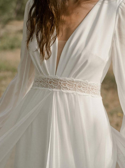 Ivory Simple Wedding Dress V Neck Long Sleeves Split Front A-Line Bridal Gowns