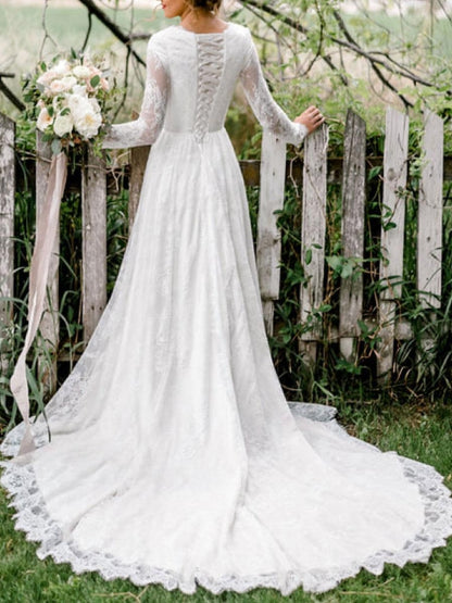 Ivory Simple Lace Wedding Dress With Train A-Line Jewel Neck Lace Up Long Sleeves Bridal Gowns