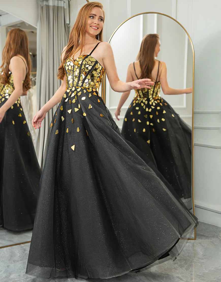 Black Golden Sequins A Line Sweetheart Long Prom Dress With Mirror