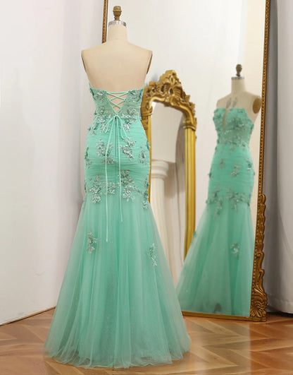 Mermaid Strapless Tulle Long Prom Dress with Appliques