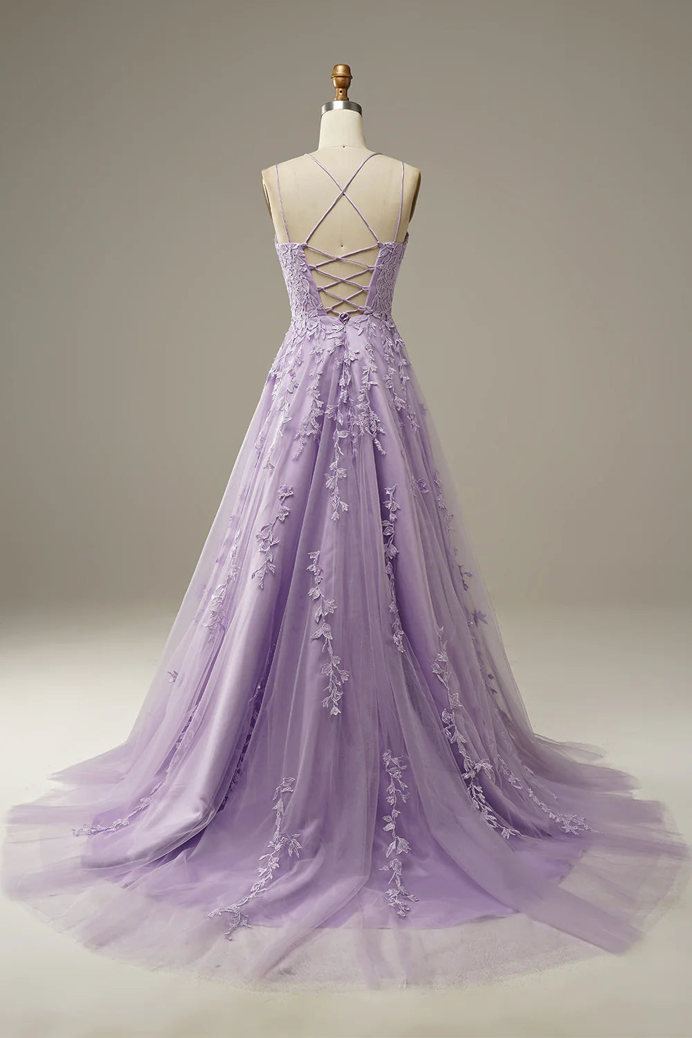 A-Line Purple Backless Tulle Spaghetti Straps Long Prom Dress