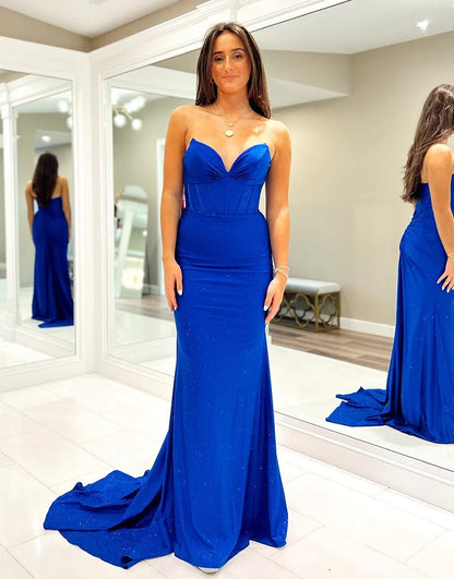 Mermaid Royal Blue V-Neck Off The Shoulder Long Prom Dress With Slit