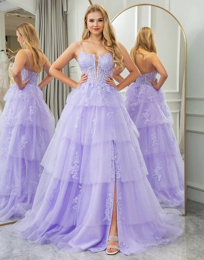 Lilac A Line Princess Appliqued Long Tier Prom Dress With Slit