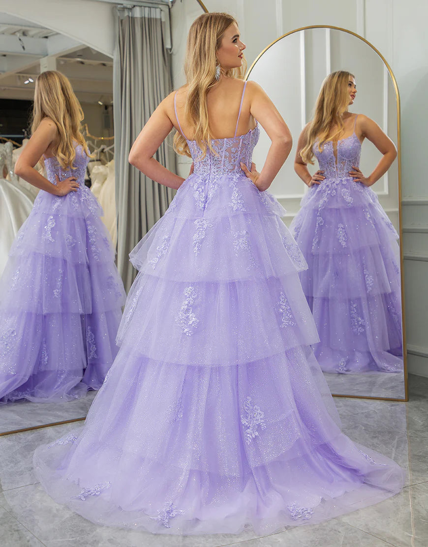 Lilac A Line Princess Appliqued Long Tier Prom Dress With Slit