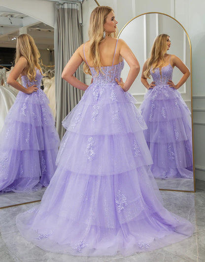 Lilac A Line Princess Appliqued Long Tier Prom Dress With Slit