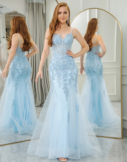 Light Blue Mermaid Backless Sweetheart Long Prom Dress With Slit
