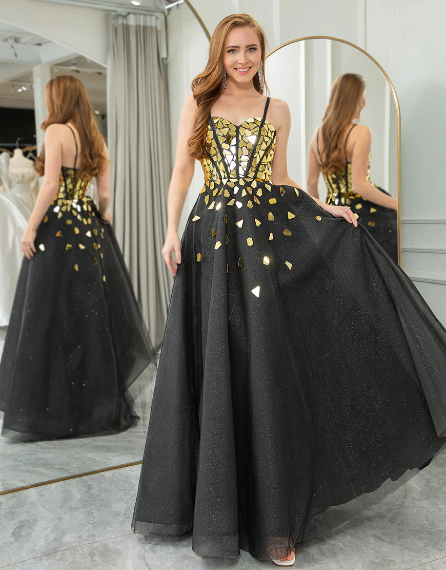 Black Golden Sequins A Line Sweetheart Long Prom Dress With Mirror