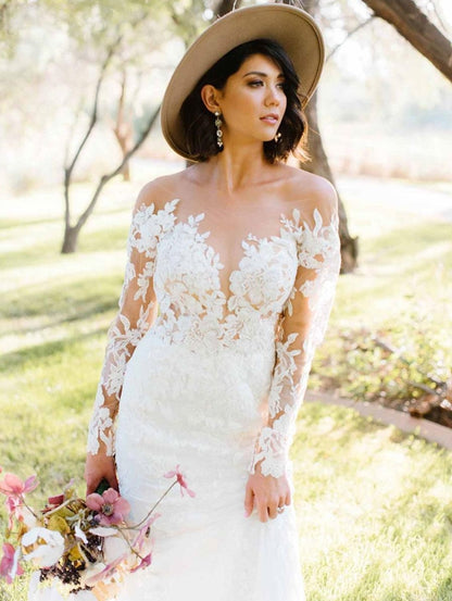 Mermaid Wedding Dress Illusion Neckline Long Sleeves Backless Lace With Train