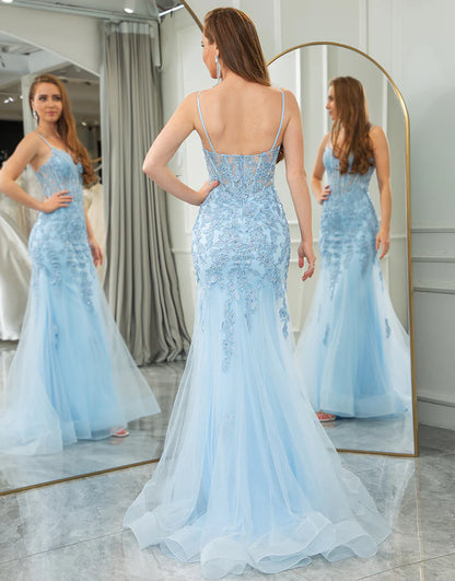 Light Blue Mermaid Backless Sweetheart Long Prom Dress With Slit