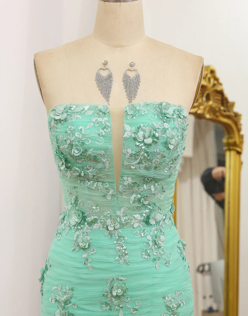 Mermaid Strapless Tulle Long Prom Dress with Appliques