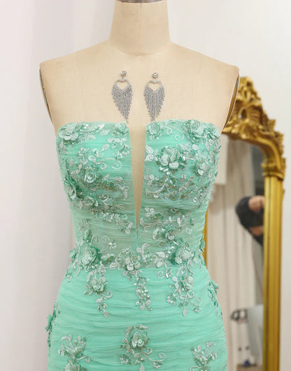 Mermaid Strapless Tulle Long Prom Dress with Appliques
