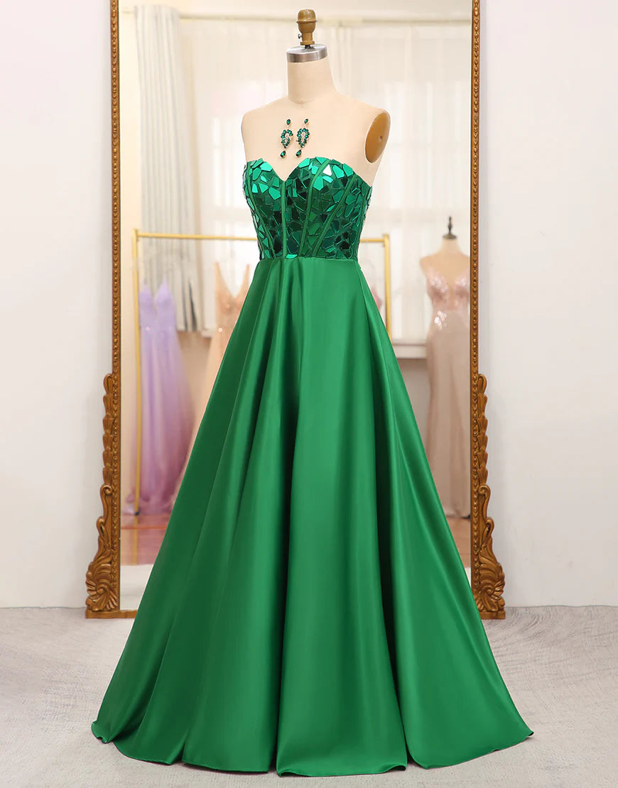 Dark Green A Line Sweetheart Satin Mirror Long Prom Dress