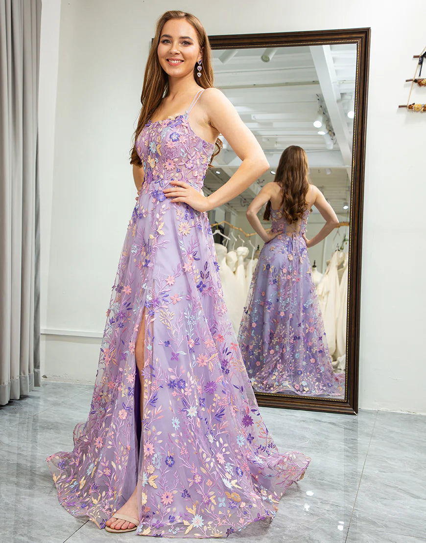 A Line Spaghetti Strap Appliqued Lace Floor-length Prom Dress With Slit