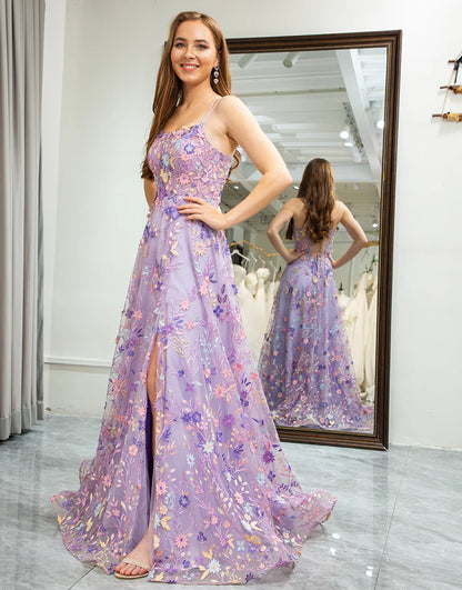 A Line Spaghetti Strap Appliqued Lace Floor-length Prom Dress With Slit