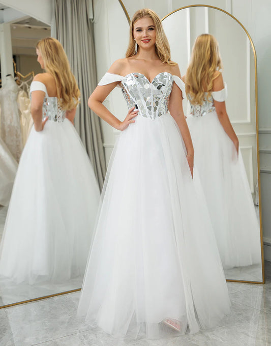 White A Line Princess Tulle Off the Shoulder Long Mirror Prom Dress