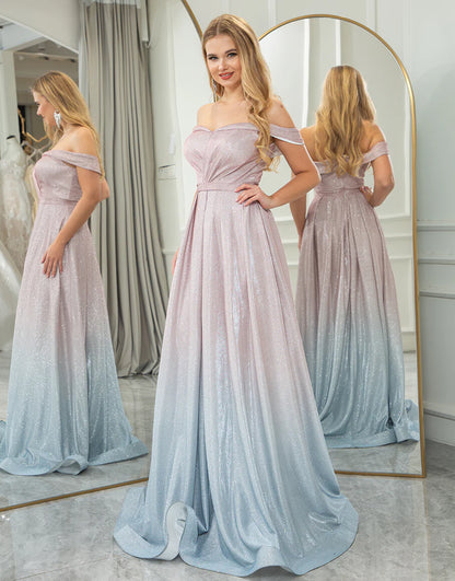 A Line Glitter Princess Off the Shoulder Long Prom Dress
