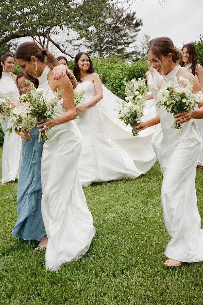 White Sheath Halter White Silk Satin Long Bridesmaid Dresses